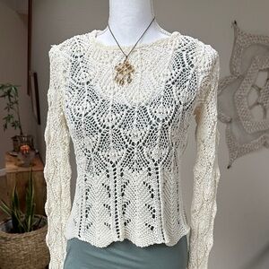 Zara Knit Boho Boatneck Open Crochet Cotton Blend Sweater